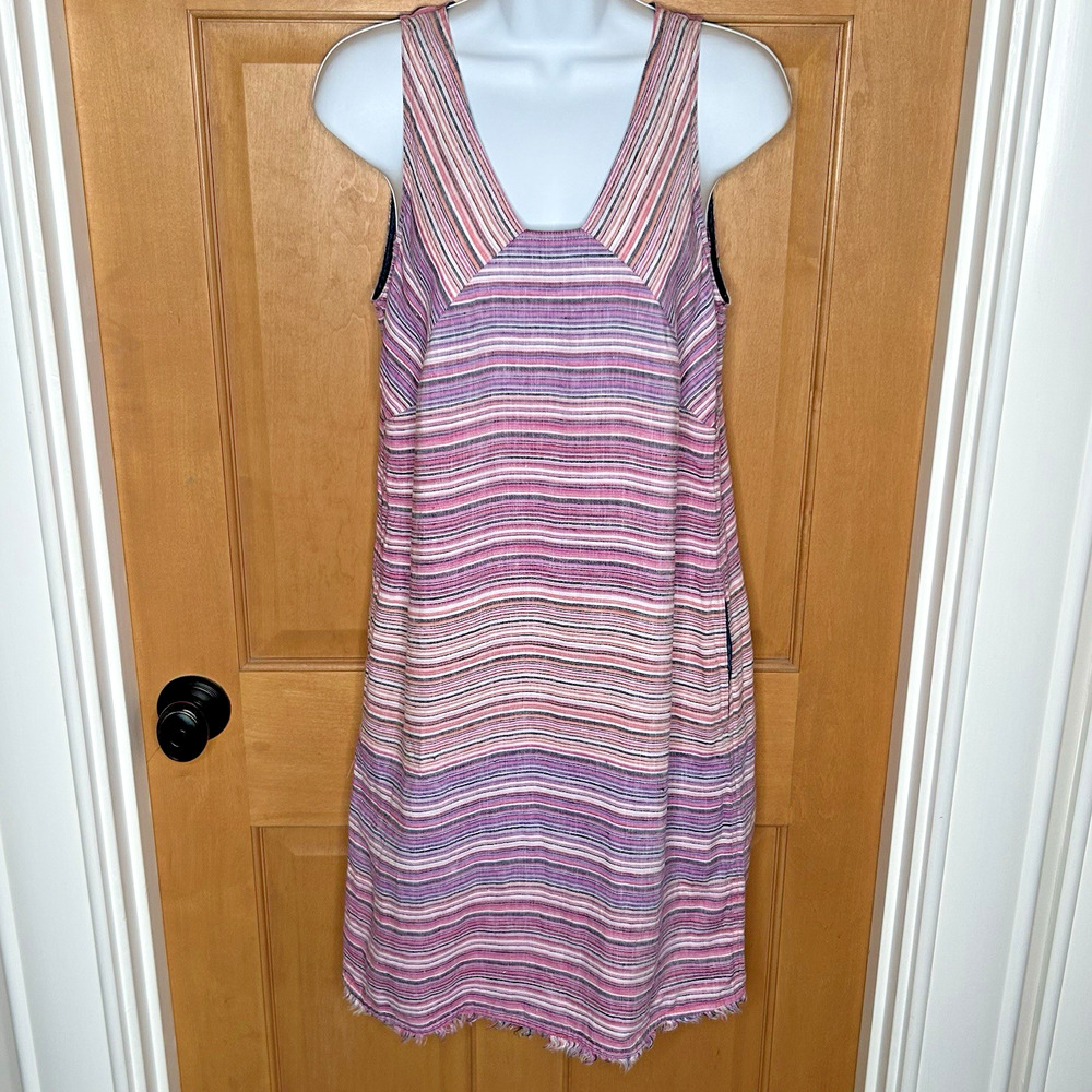 Tommy Bahama Linen Dress XS Beachy V-Neck Sleeveless Purple Stripes Fringe Pkts